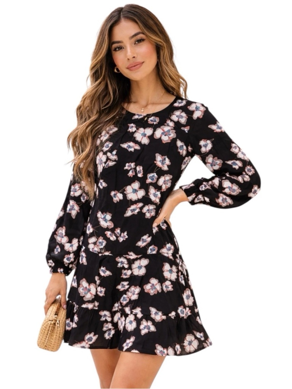 Tanya Taylor Floral Ponte Dress 12 Black Long Sleeve‎ Ruffle Hem A-Line
